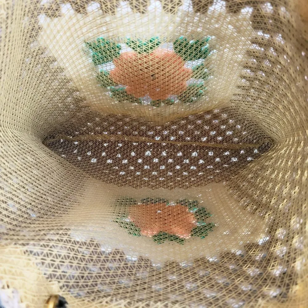 Crochet Floral Tote‎ Bag Medium Tan Orange Dimensional Flowers Boho
